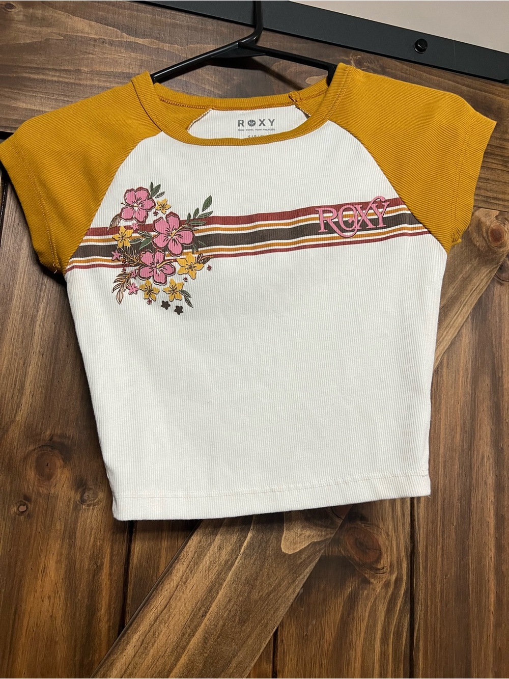 Roxy Retro Floral Striped Ribbed Raglan Baby Tee Crop Top Size S